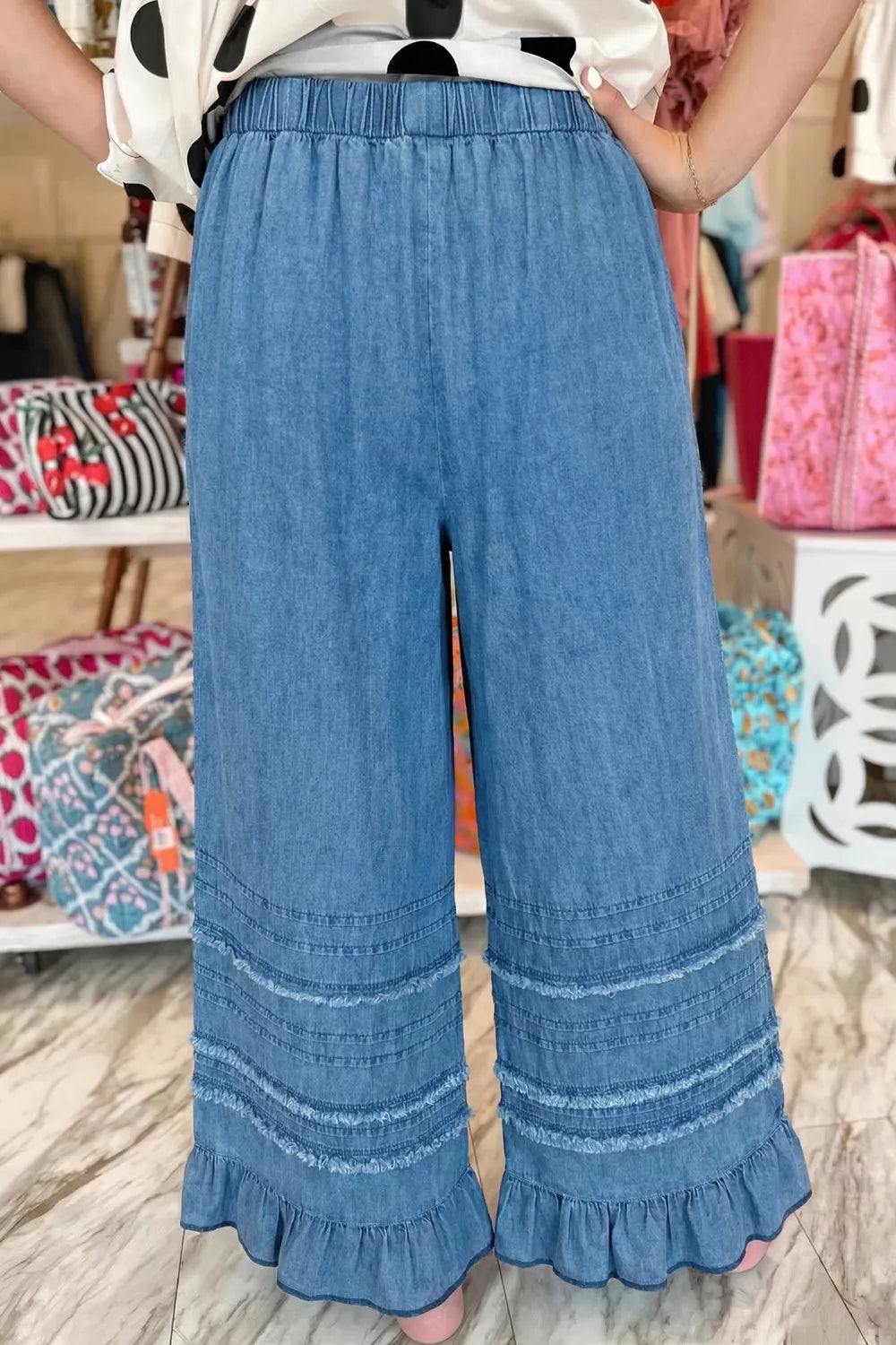 Ruffled hem wide leg chambray pants side view