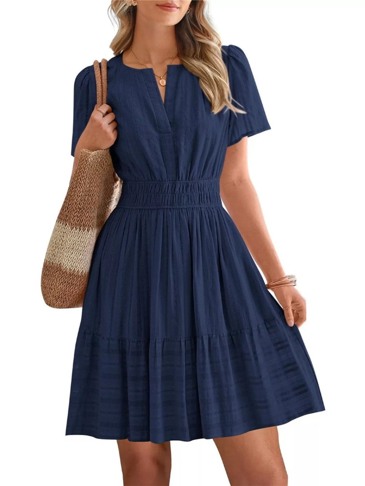 Short sleeve smocked waist tiered midi dress front view