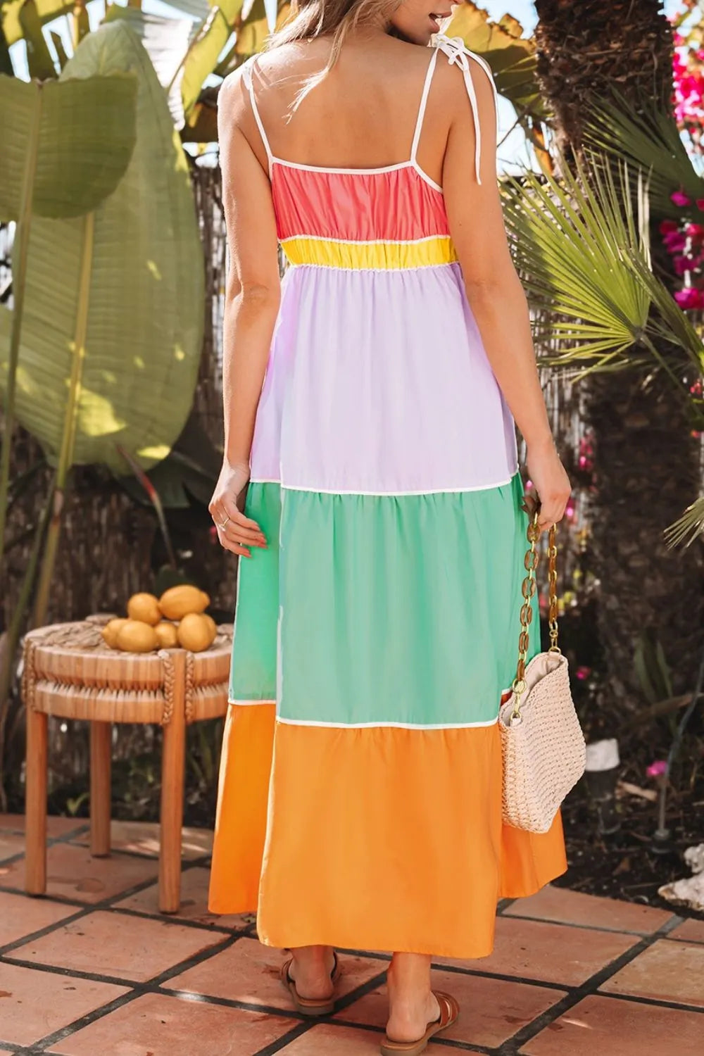 Tiered color block maxi dress pocket detail