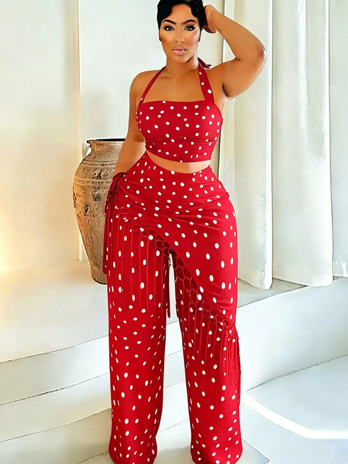 Polka Dot Halter Cami and Fringe Pants Set, view 12