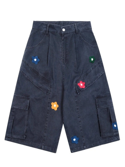 Men's Flower Embroidered Denim Cargo Shorts Dark Blue - Fashorio
