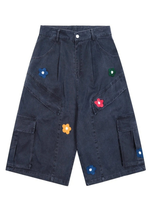 Men's Flower Embroidered Denim Cargo Shorts Dark Blue - Fashorio