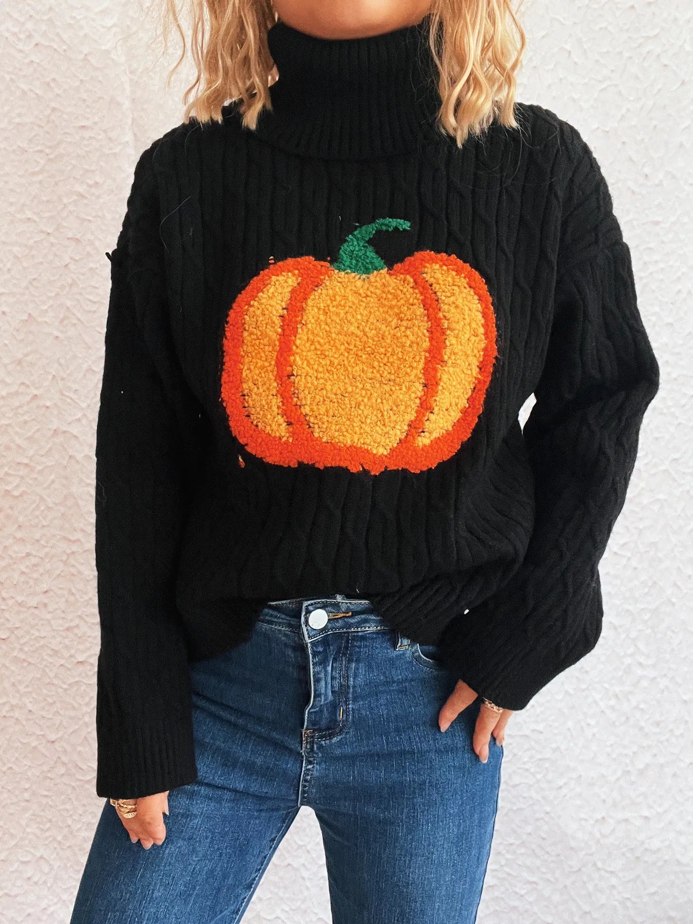 Pumpkin Turtleneck Long Sleeve Sweater - Fashorio