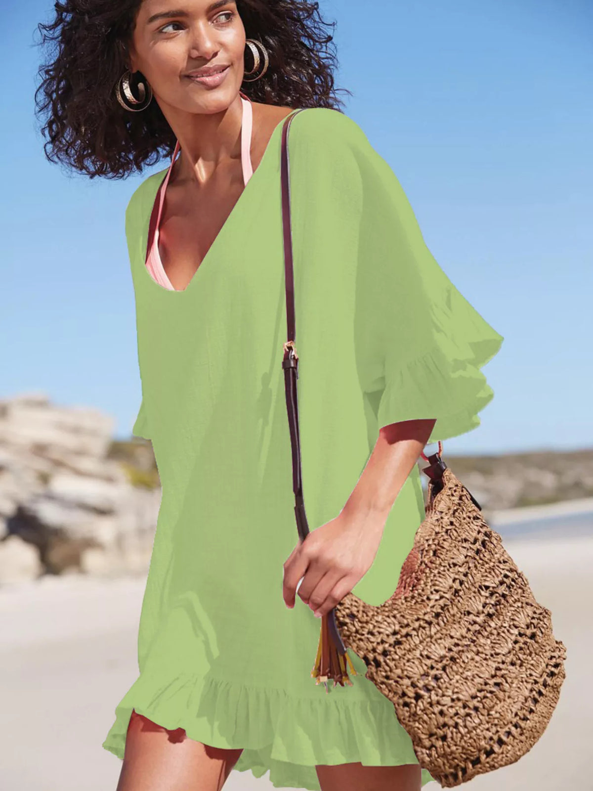 Ruffle trim V neck cover up dress close up detail