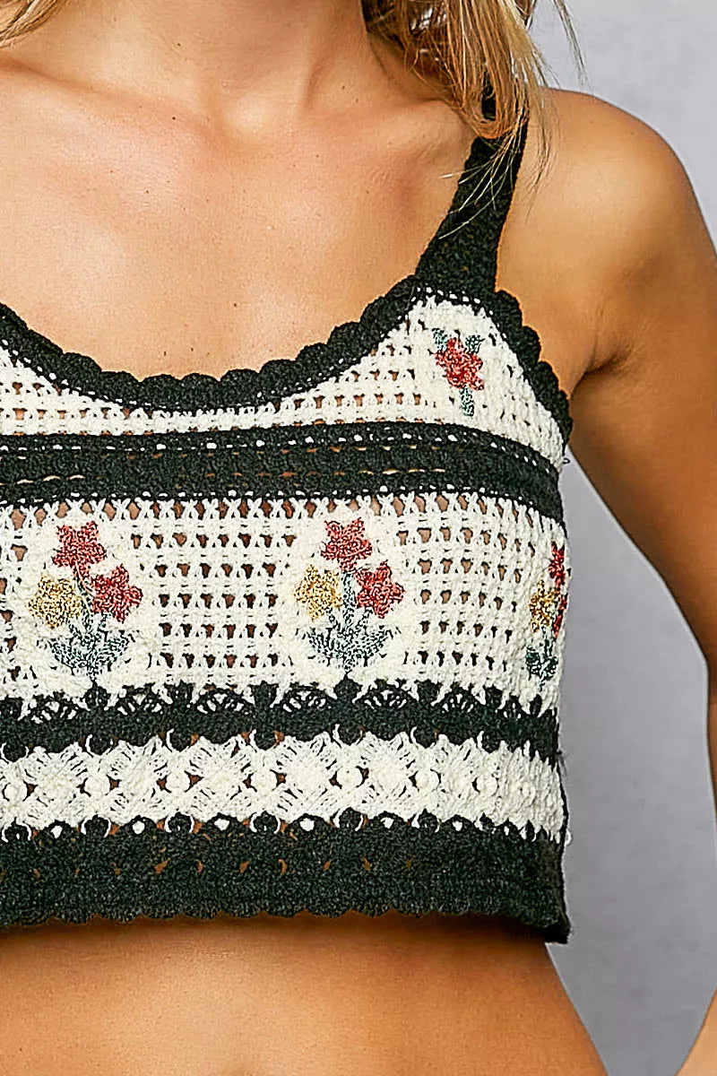 Black crochet camisole floral embroidery close up