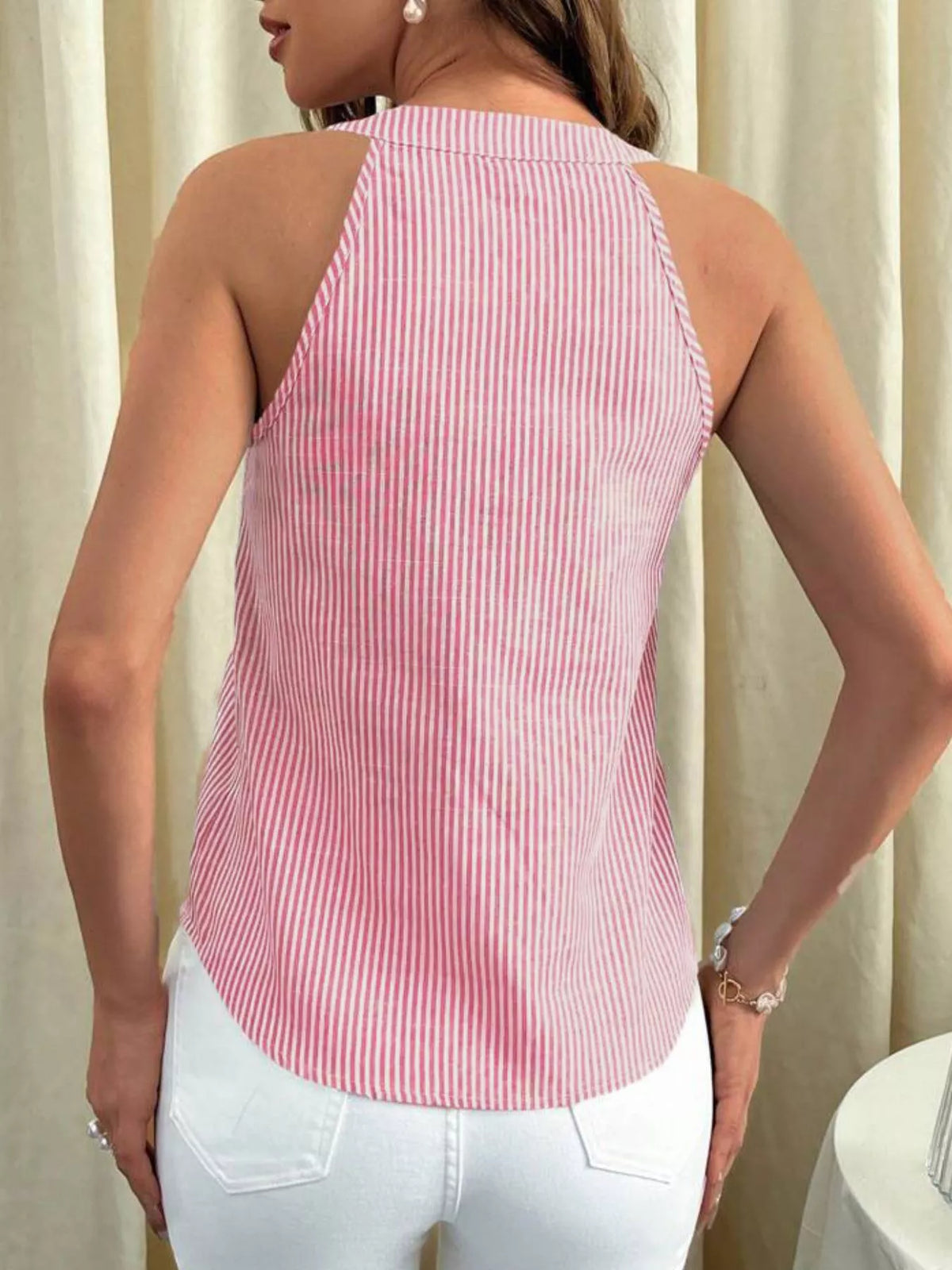 Blue striped button front tank top front view