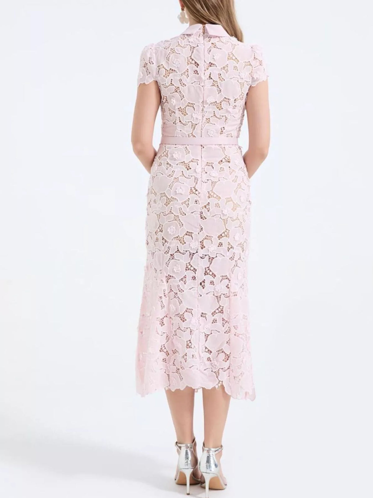 Sky blue floral lace midi dress on model