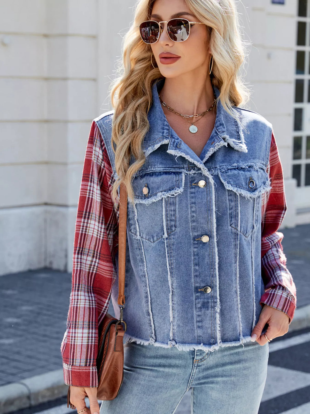 Plaid Sleeve Raw Hem Denim Jacket in Dusty Blue detail