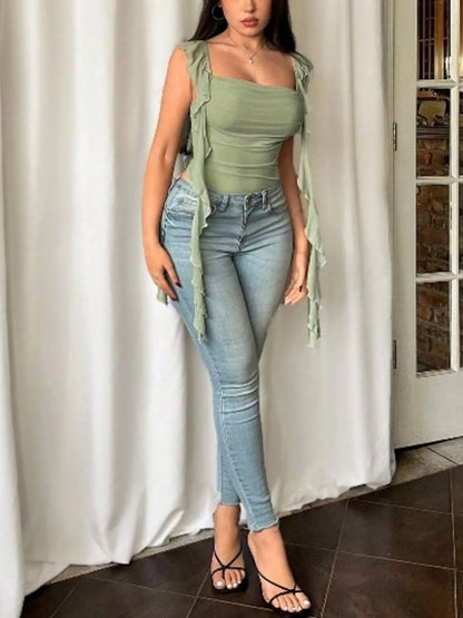 Ruffled Square Neck Bodysuit - Fashorio