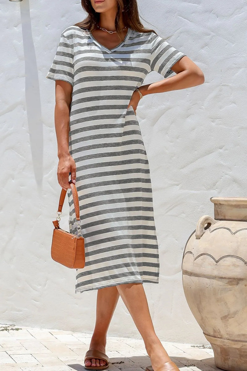 Striped v-neck midi t-shirt dress front view