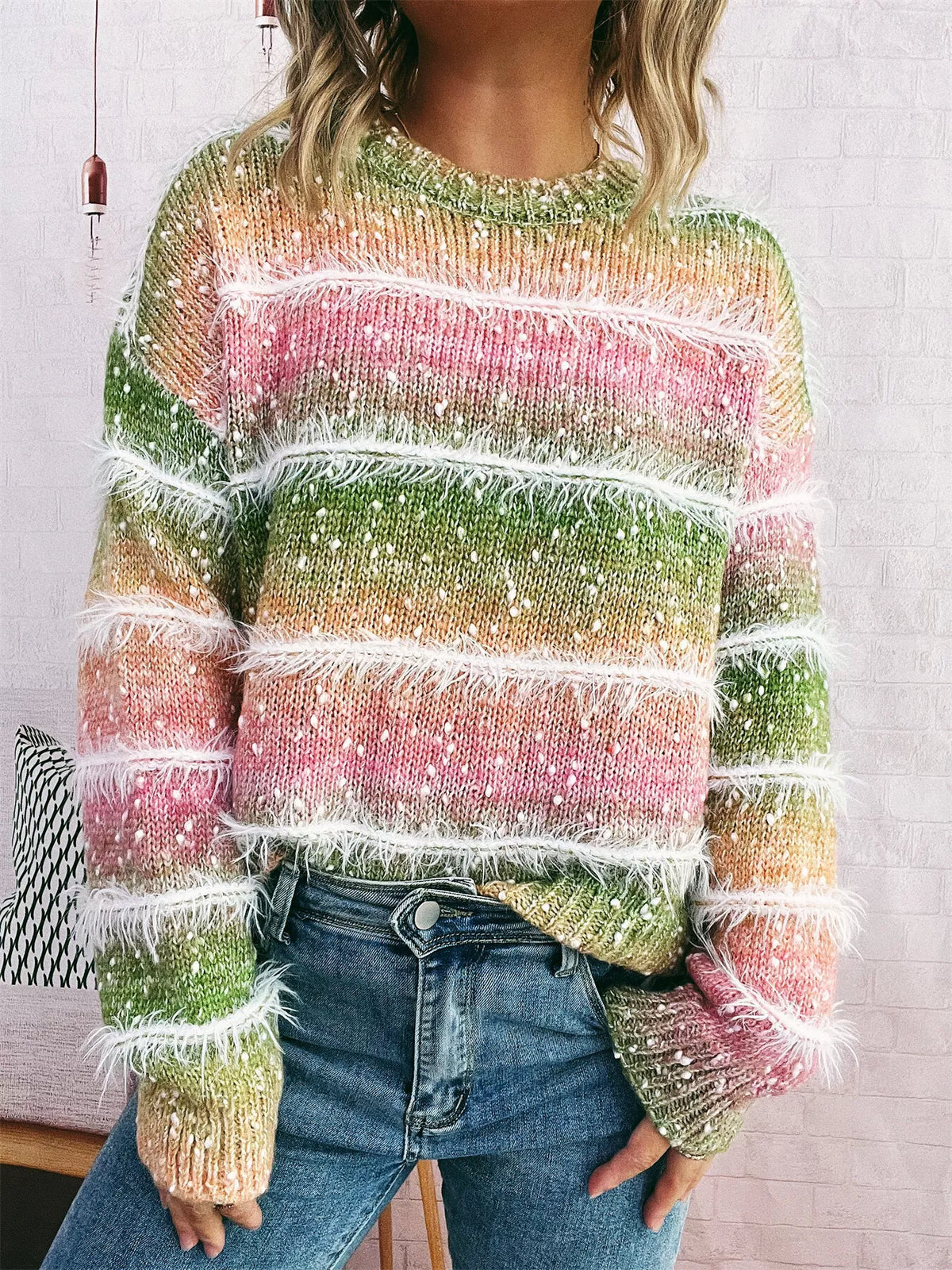 gradient striped round neck sweater sleeve detail