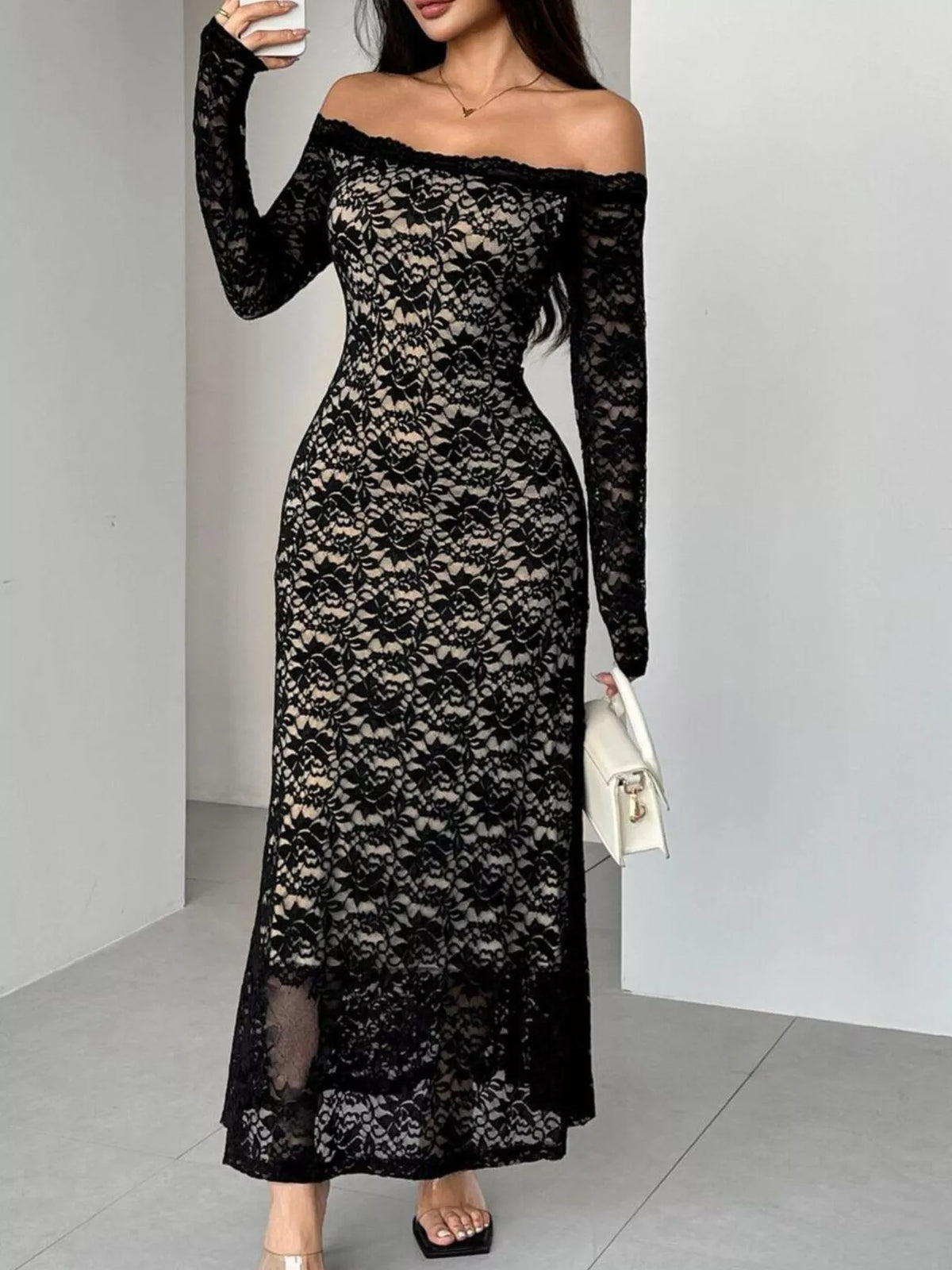 off shoulder lace maxi dress back view