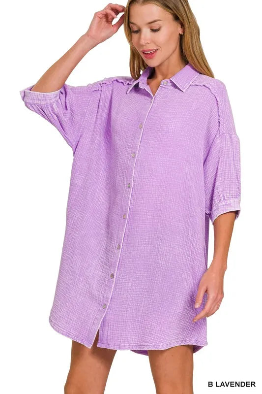 Washed Double Gauze Button Down Shirt Dress in Lavender styled look