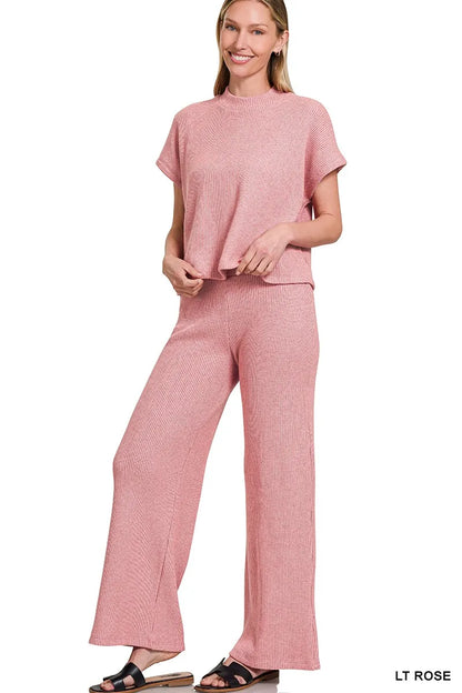 Zenana Sweater Boxy Top & Long Pants Set LT ROSE - Fashorio