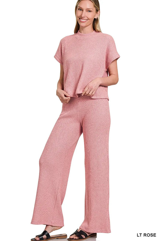 Zenana Sweater Boxy Top & Long Pants Set LT ROSE - Fashorio