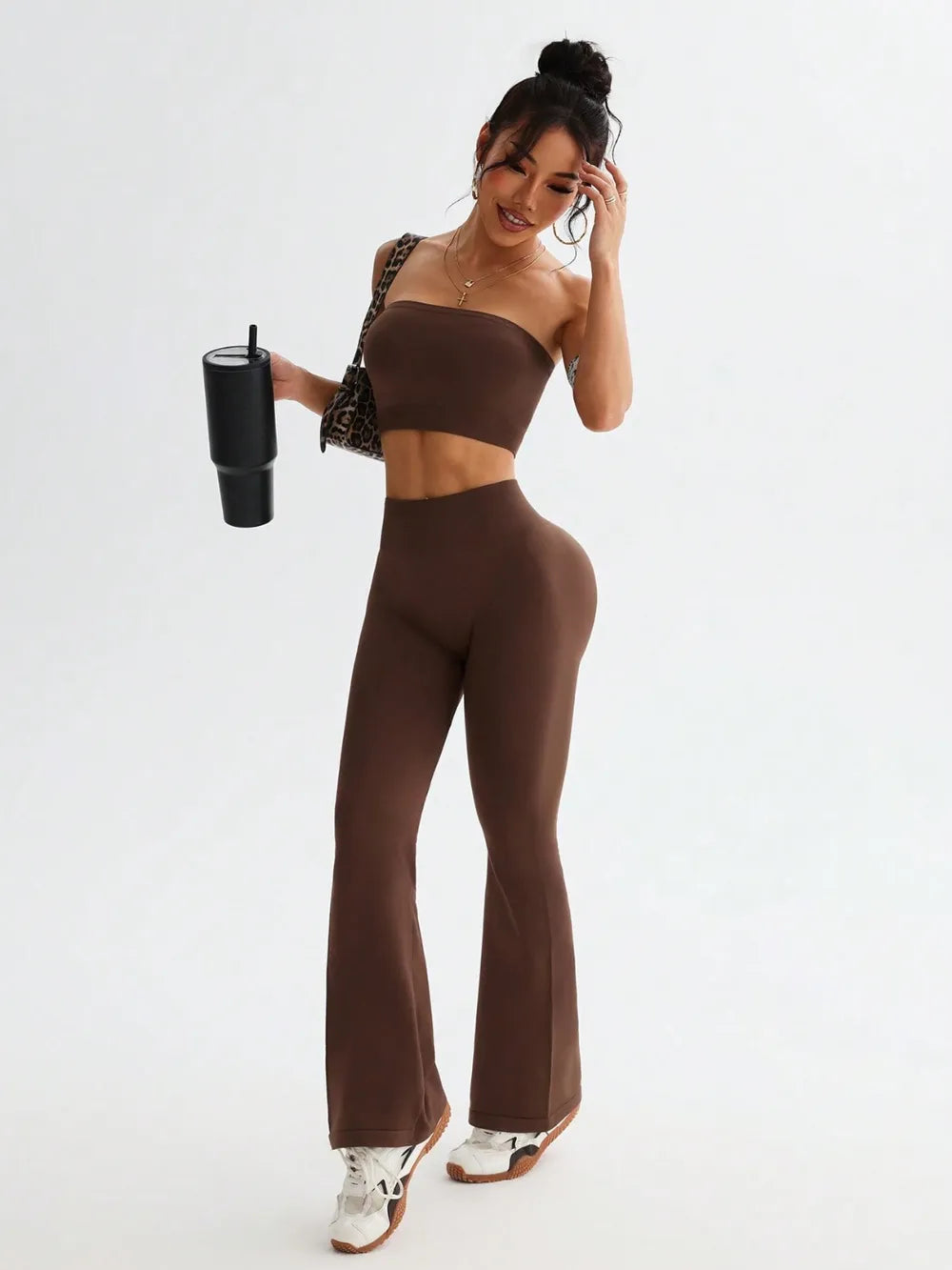 Tube Top and High Waist Flare Pants Active Set - Fashorio