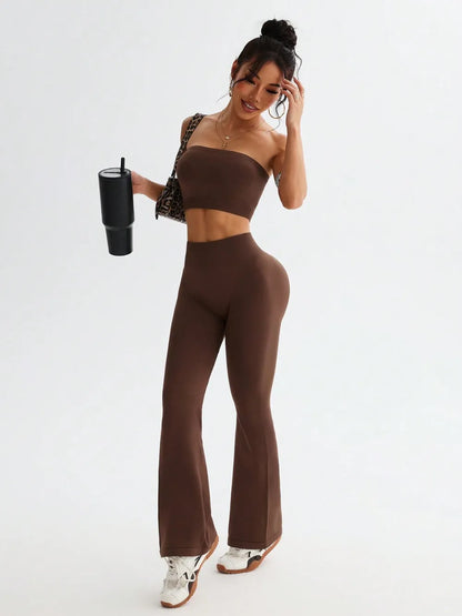 Tube Top and High Waist Flare Pants Active Set - Fashorio