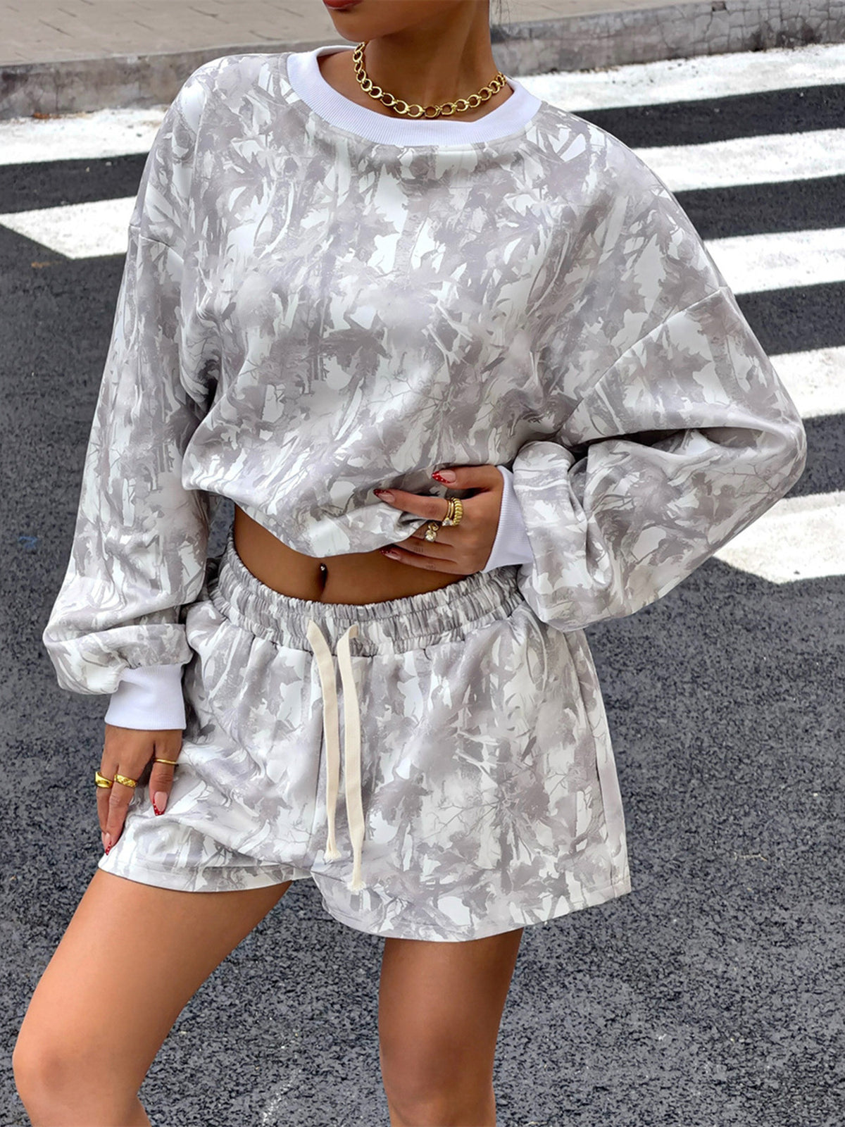 Gray round neck long sleeve top and shorts two piece set front view