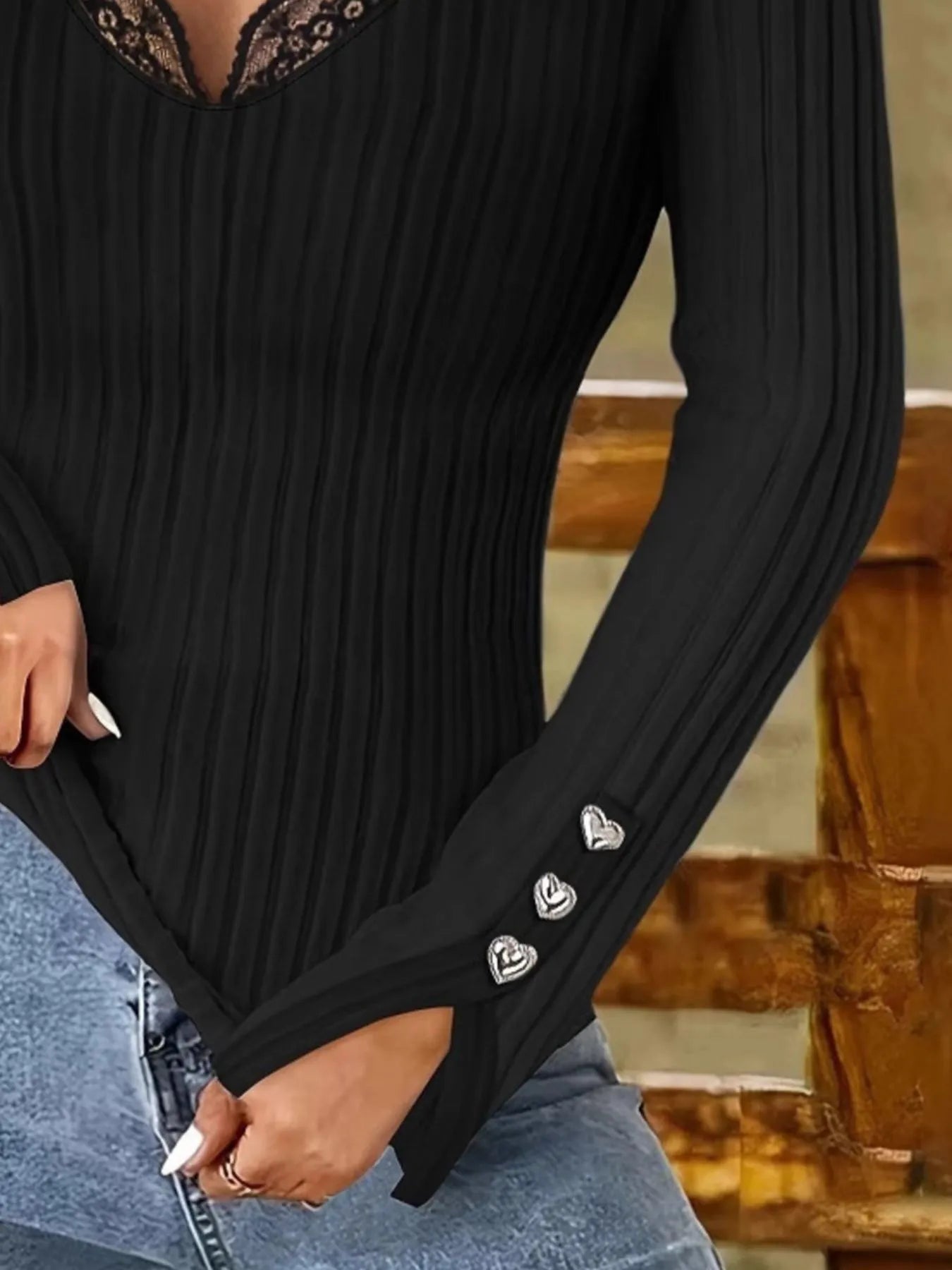 Full Size Ribbed V-Neck Lace Trim Long Sleeve T-Shirt Plus Size - Fashorio