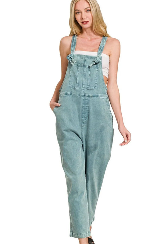 Zenana Washed Knot Strap Relaxed Fit Overalls TEAL - Fashorio