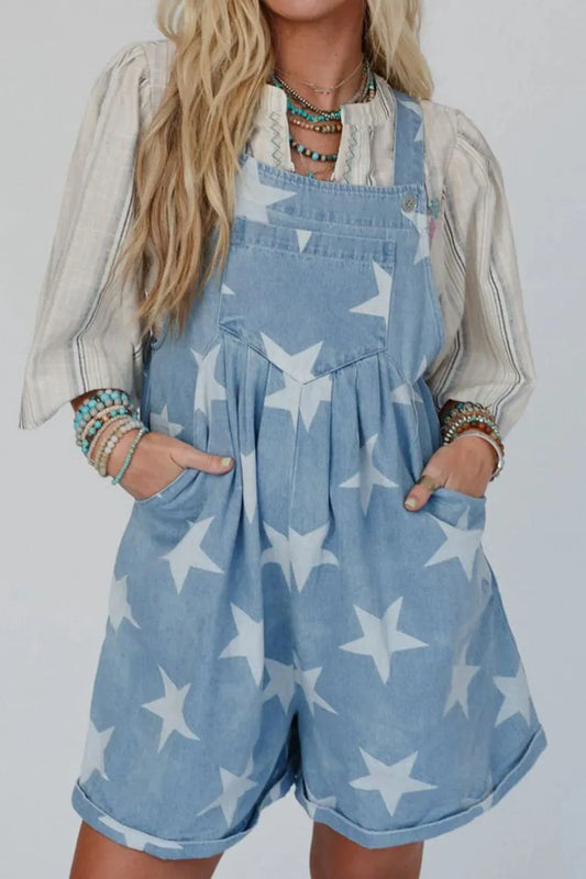 Star Print Square Neck Denim Overalls Medium - Fashorio