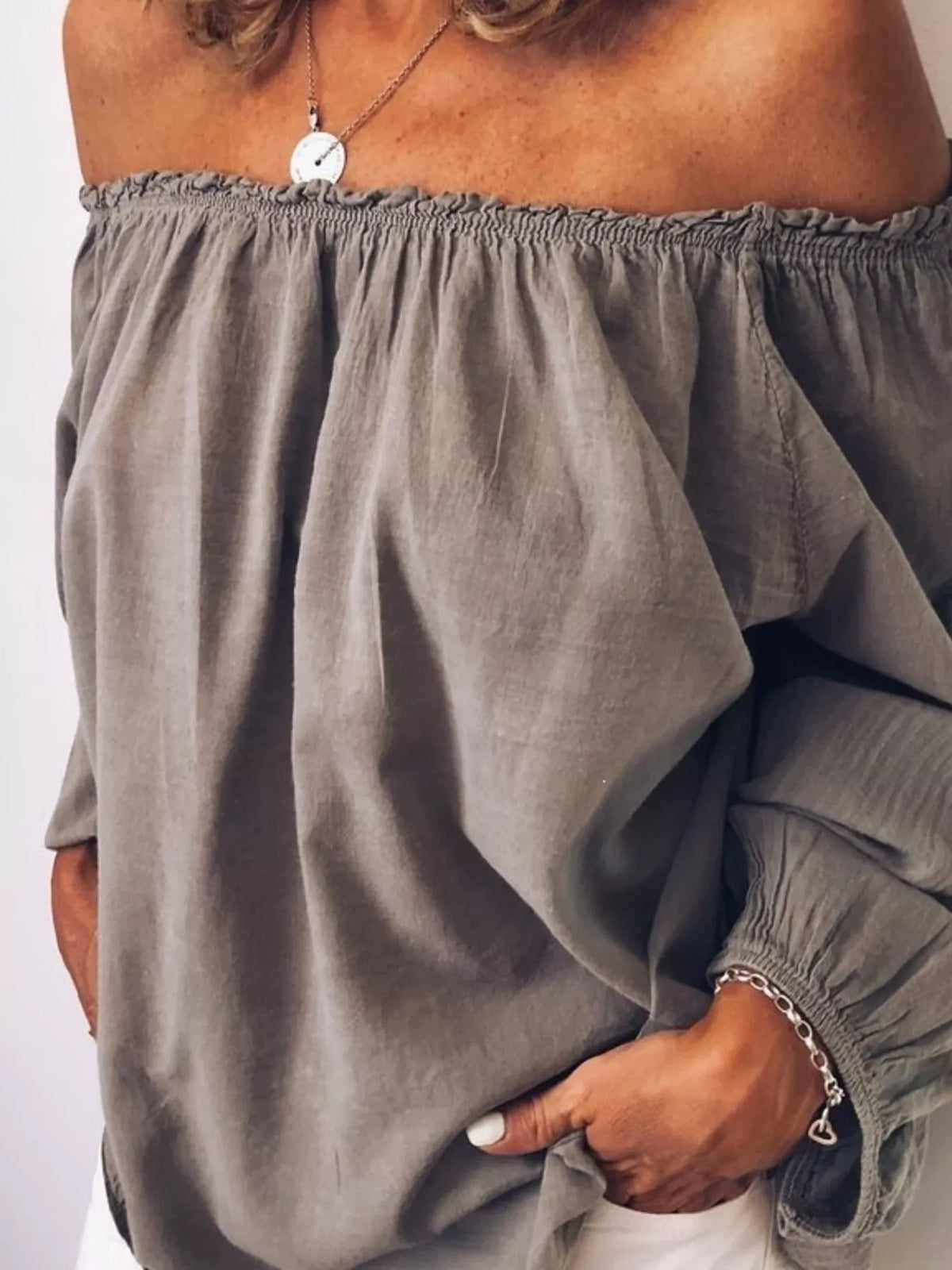off shoulder frill trim blouse back view