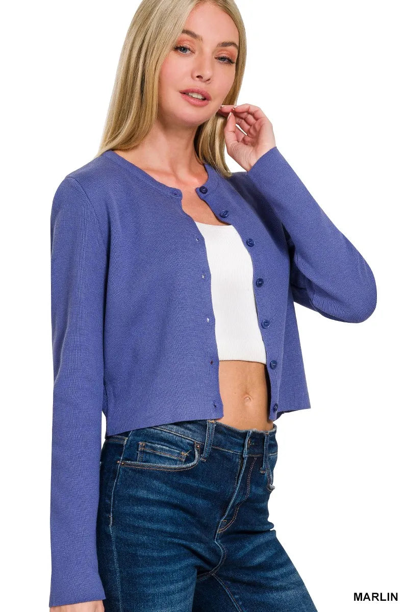 Zenana Button-Front Crewneck Long Sleeve Cropped Cardigan - Fashorio