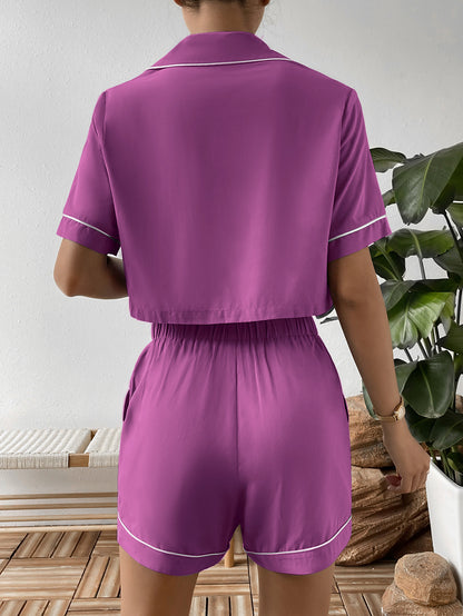Ivy Lane Contrast Lapel Collar Cropped Shirt and Shorts Lounge Set - Fashorio