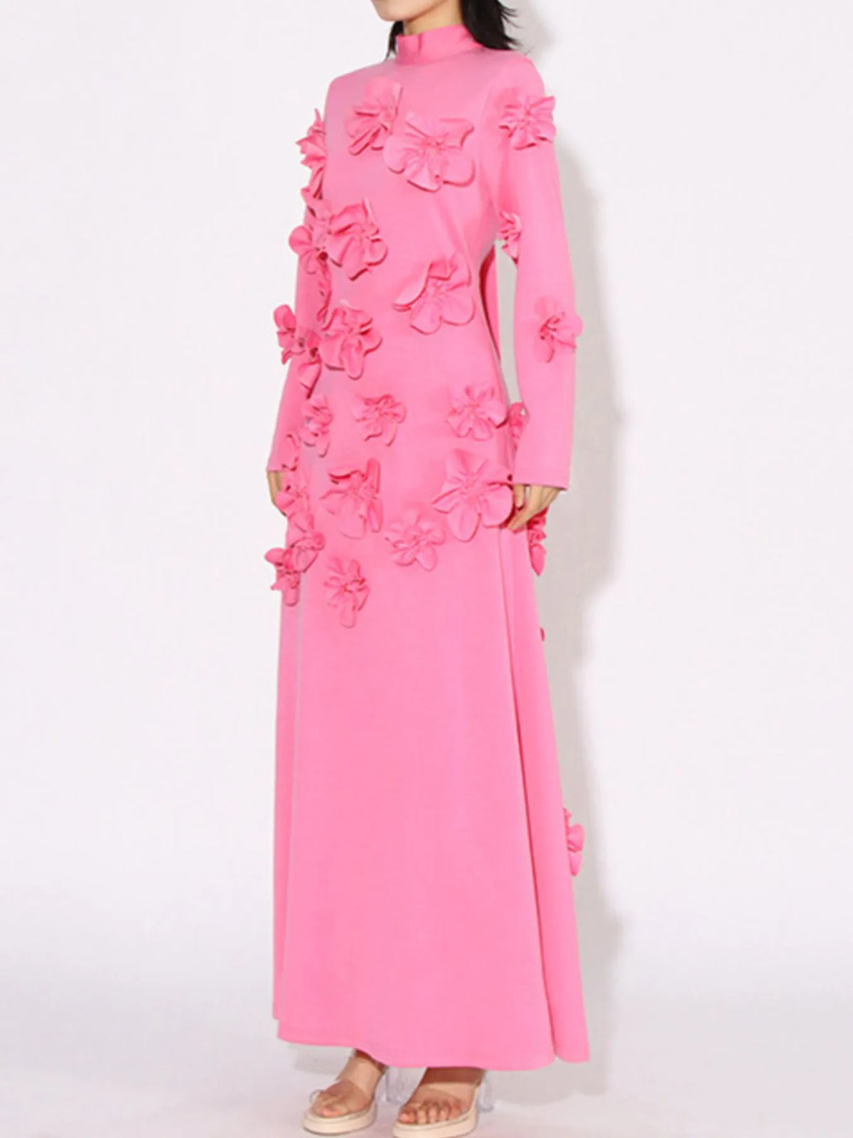 Floral applique long sleeve maxi dress in pink side view
