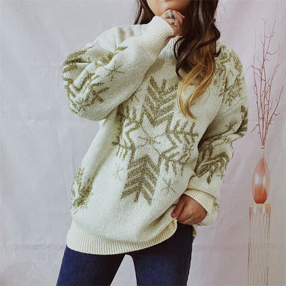 Snowflake Pattern Long Sleeve Sweater - Fashorio