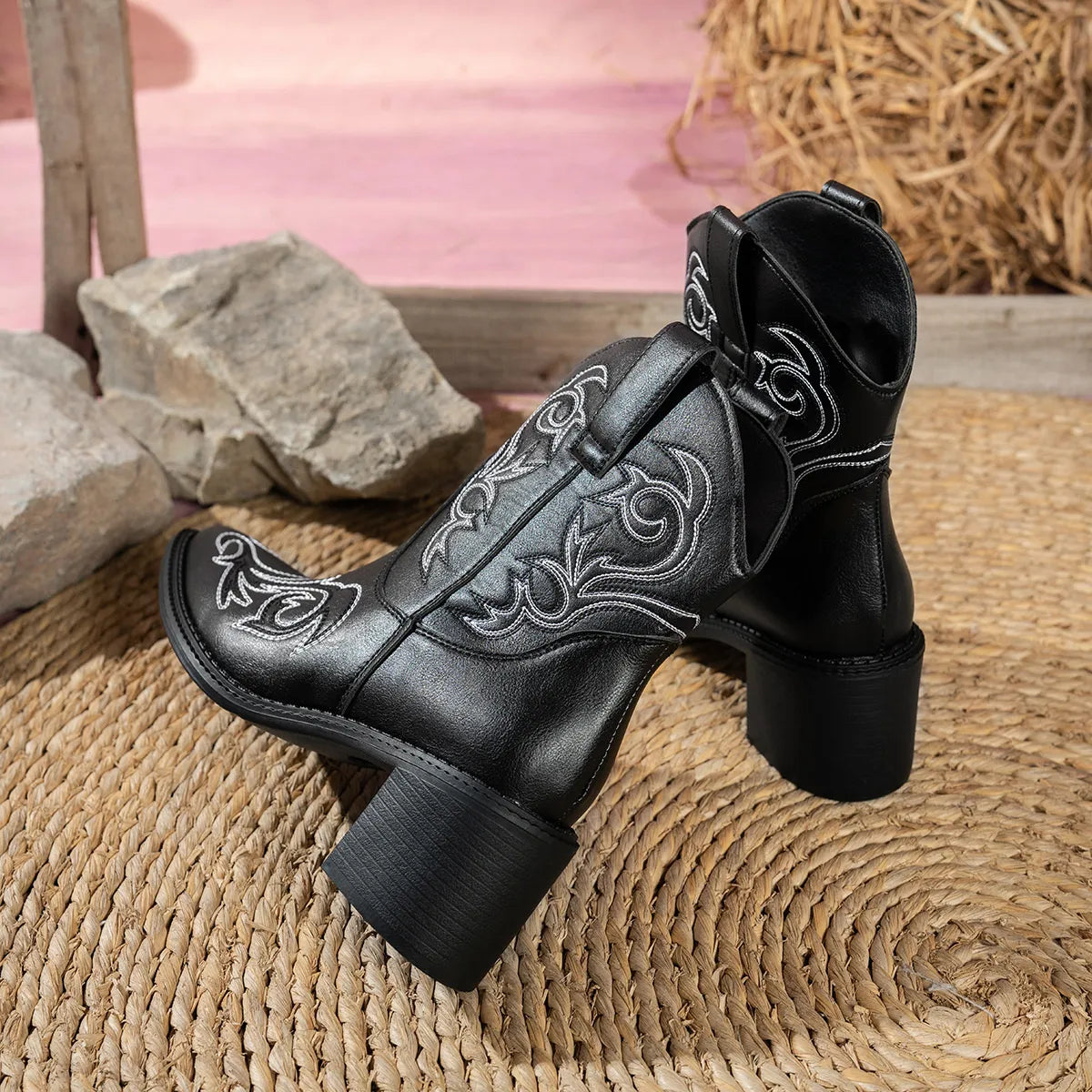 Classic point toe block heel boots sole and tread