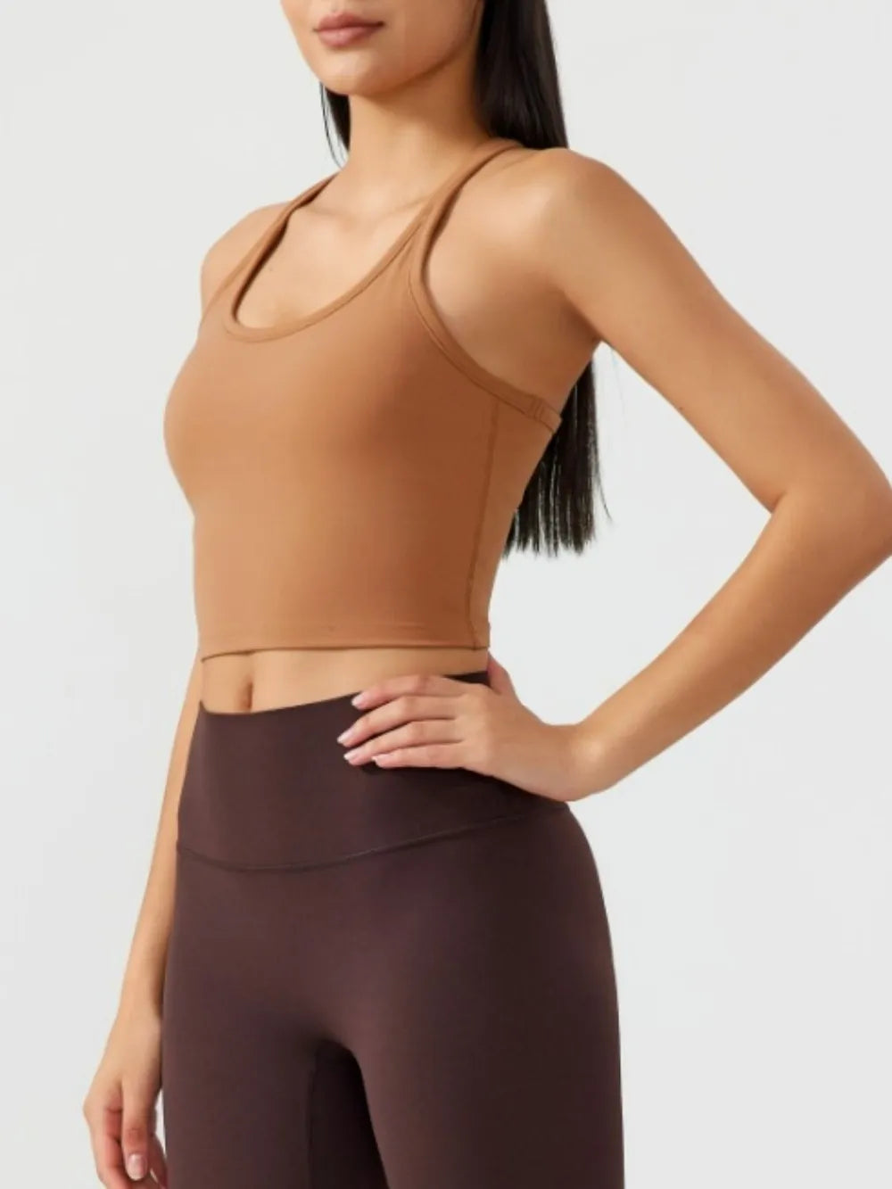 scoop neck padded active tank angled view