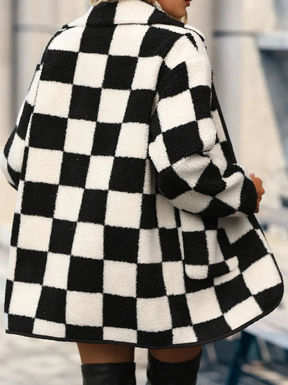 Double Take Full Size Checkered Button Front Coat with Pockets - Fashorio