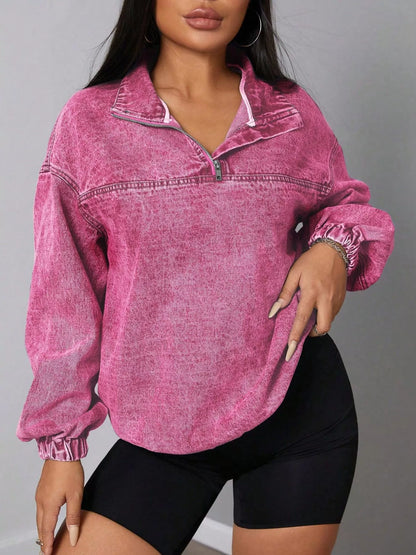 Zip Collar Long Sleeve Denim Top - Fashorio