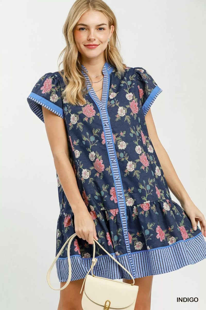 Indigo floral ruffle hem mini dress front view