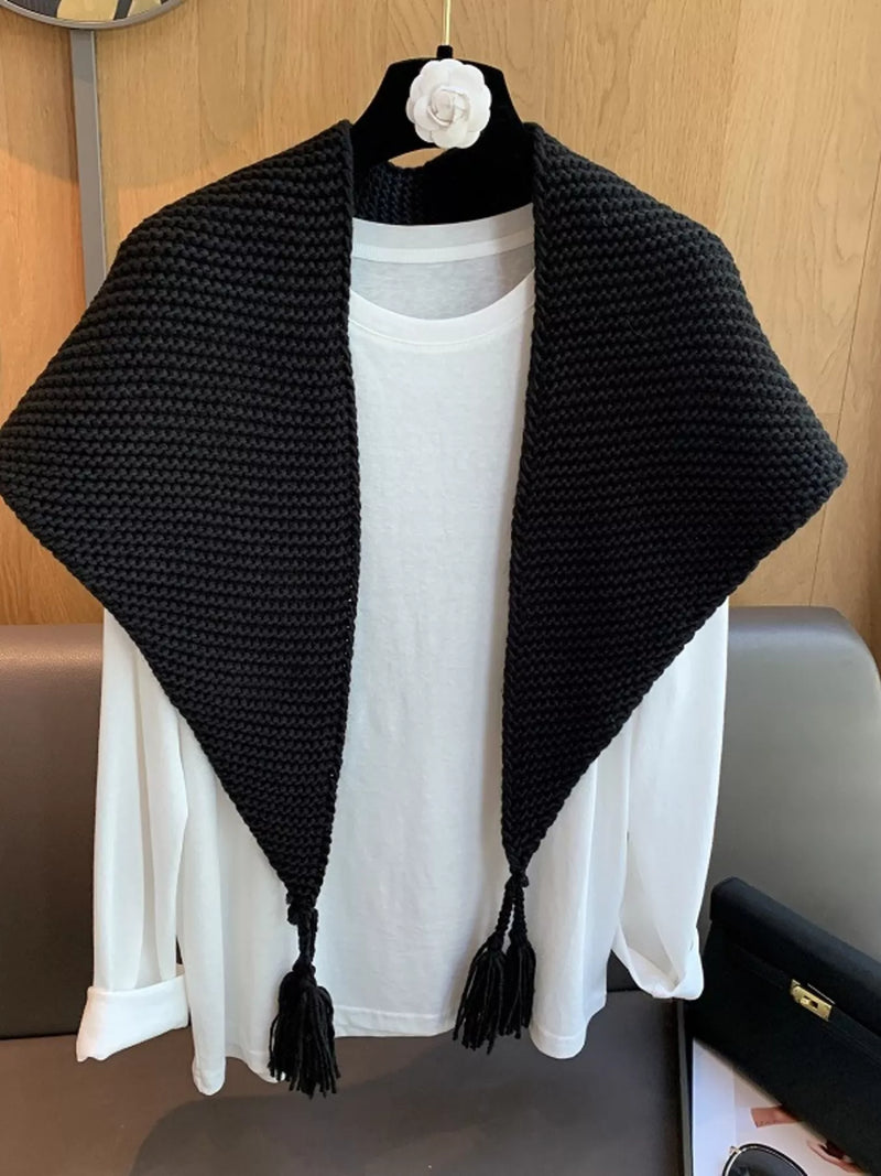 Black chunky knit tassel scarf shown at full length
