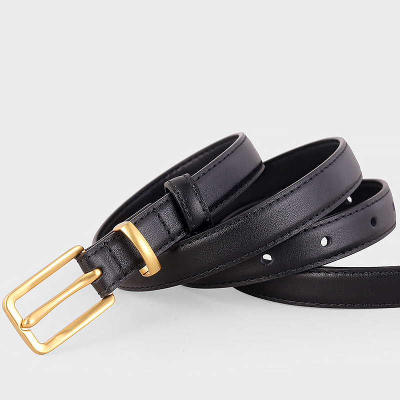 Skinny gold buckle leather belt full view