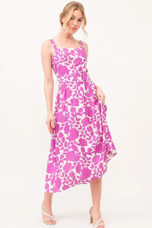 Floral Square Neck Belted Midi Dress in Magenta