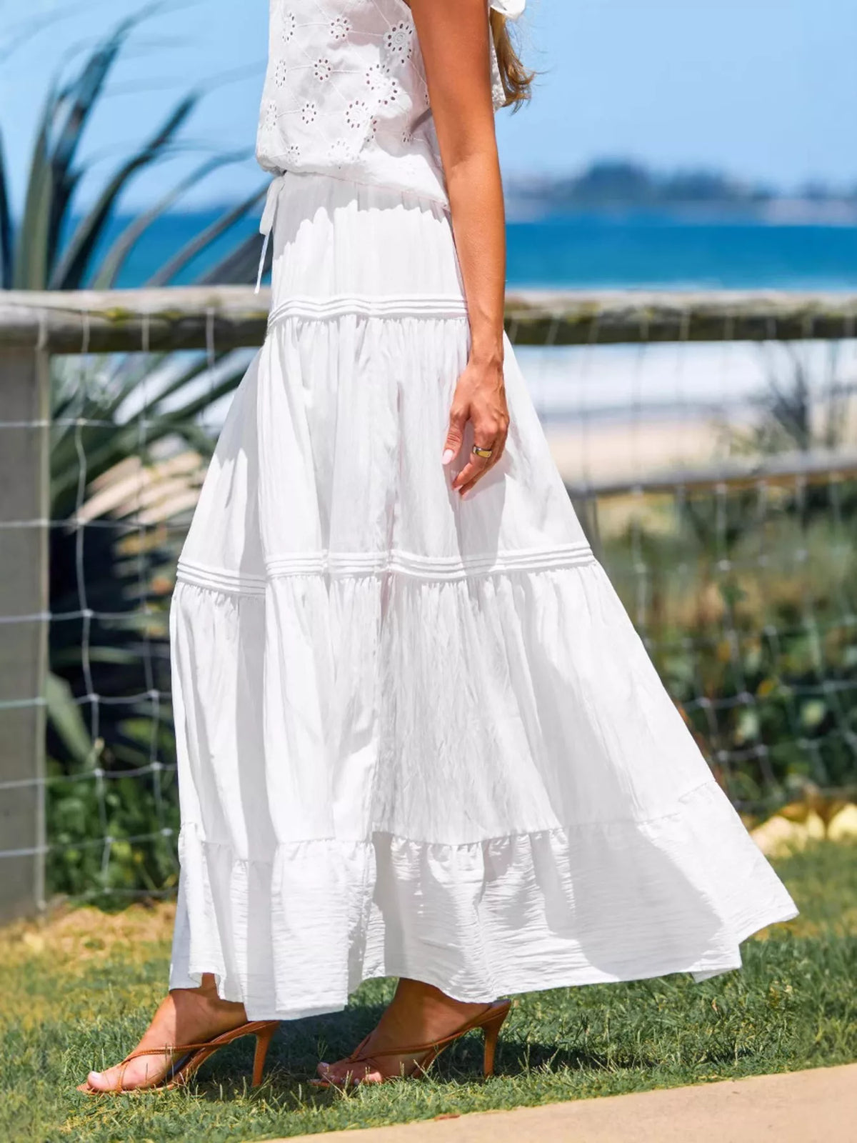 white flowy tiered drawstring maxi skirt styled outfit view