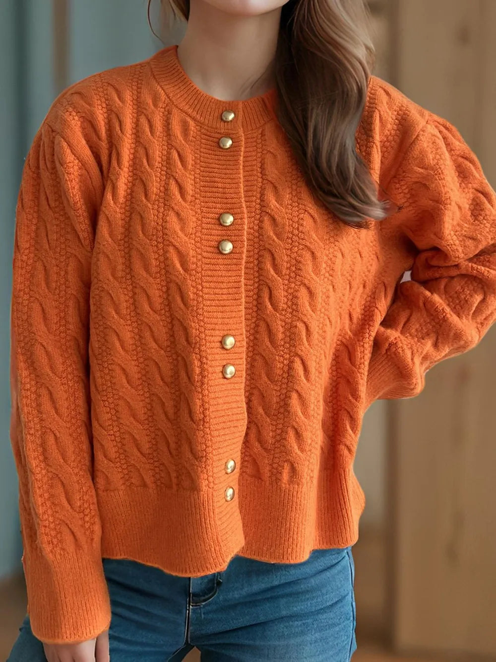 Cable-Knit Round Neck Long Sleeve Cardigan Orange One Size - Fashorio