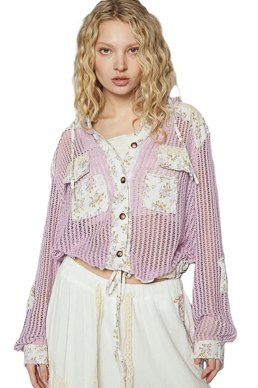 POL Vintage Washed Crochet Hoodie Jacket With Patchwork - Fashorio