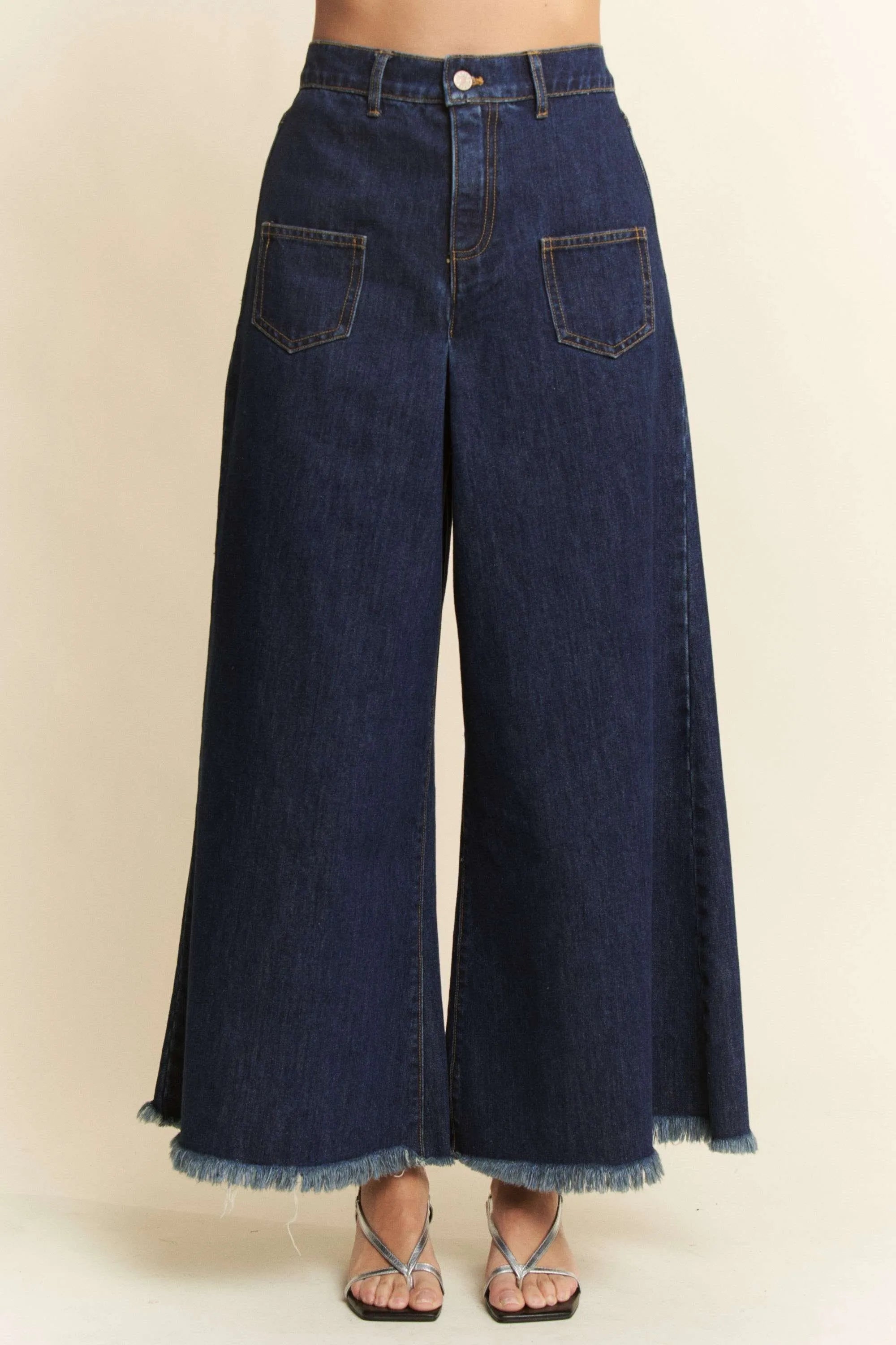Davi & Dani Patch Pocket Wide Leg Culotte Jeans - Fashorio