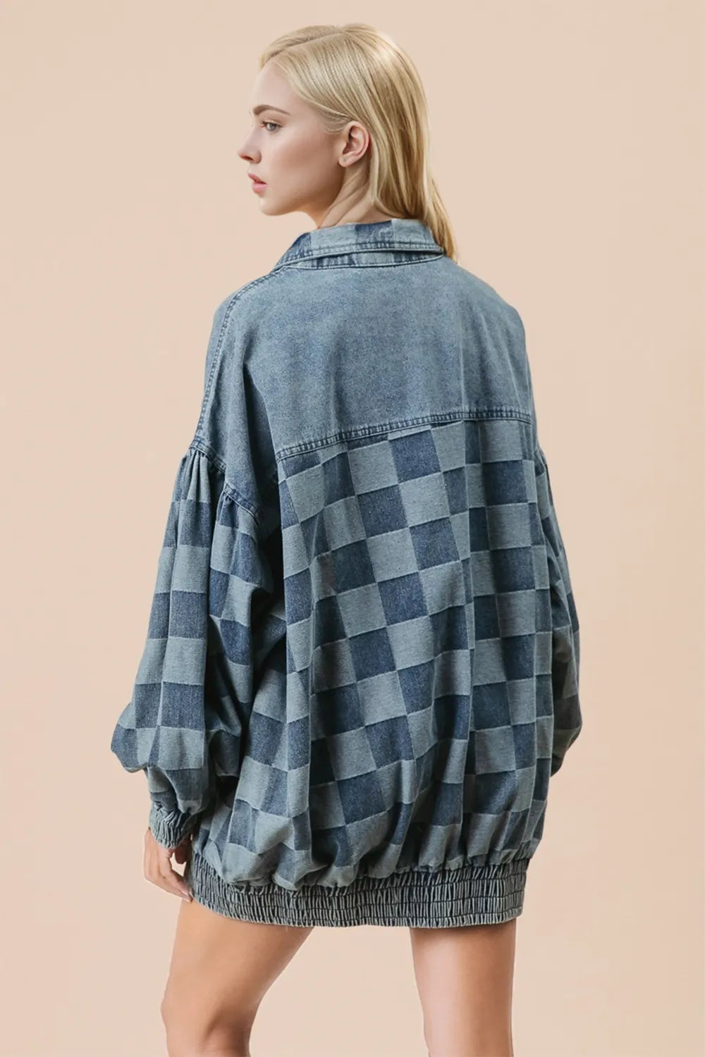 Womens checkered denim jacket styled look