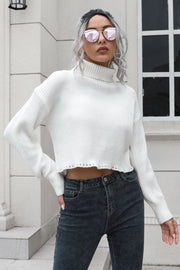 Turtleneck Dropped Shoulder Sweater White - Fashorio