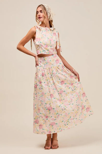 SO ME Floral Printed Woven Shoulder Bow Tie Top and Skirt Set - Fashorio