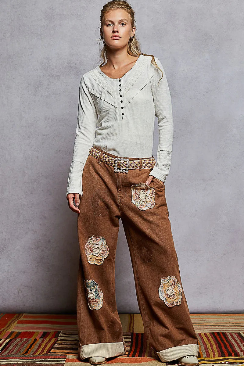 POL Ribbed Half Button Lace Detail Knit Top - Fashorio