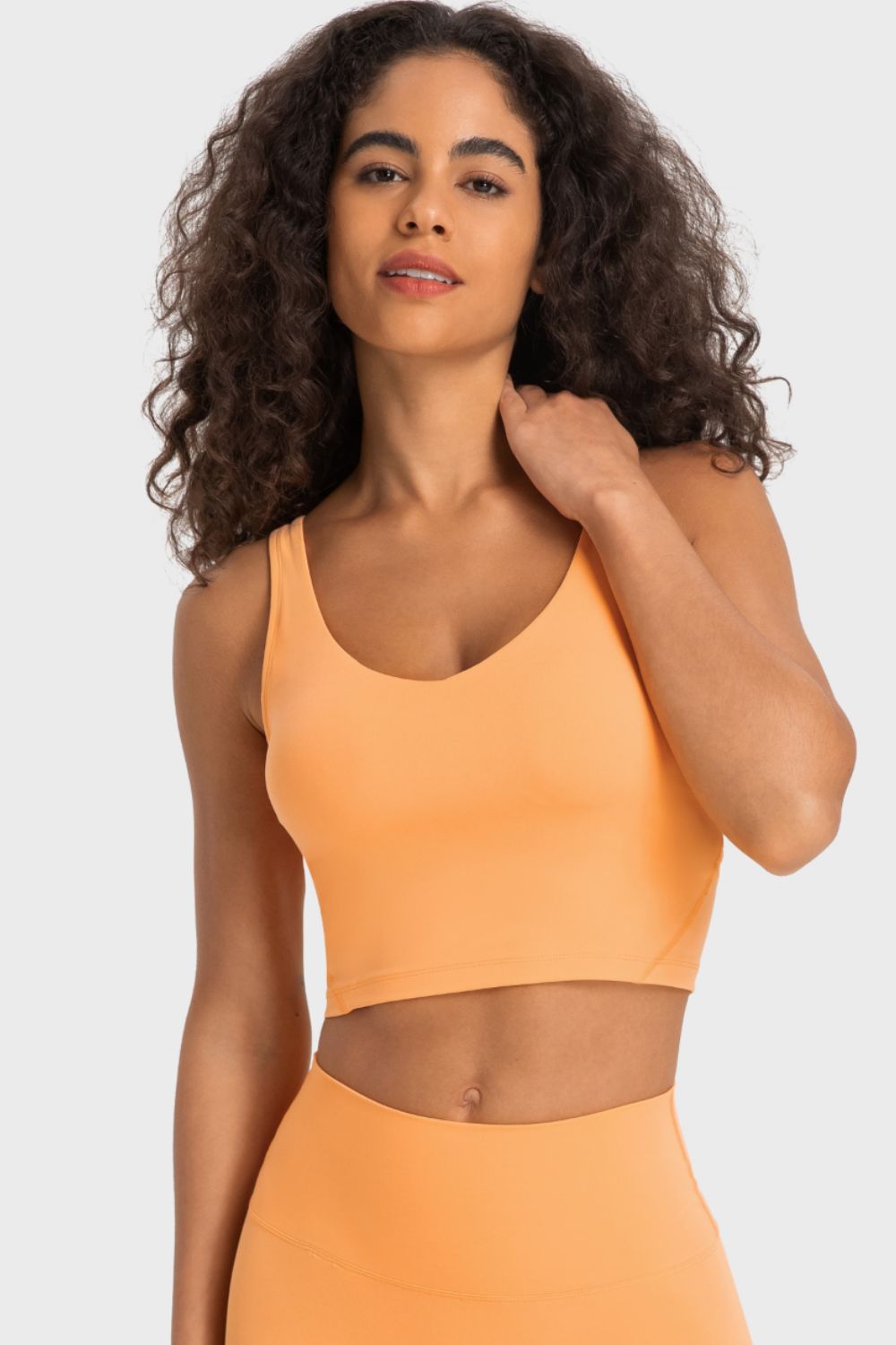 Deep V neck sports bra detail