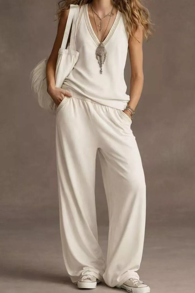 V-neck tank and wide leg pants set front view