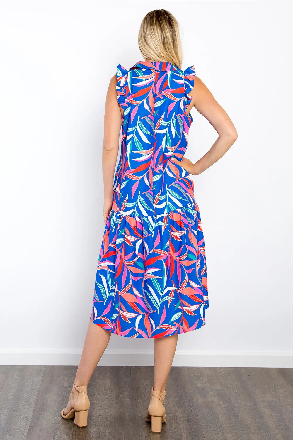 Print Ruffled Midi Dress with Pockets back view