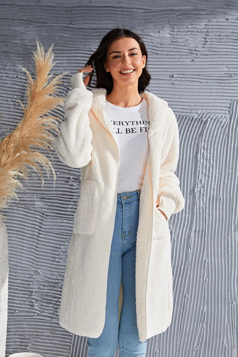 Double Take Full Size Hooded Teddy Bear Jacket with Thumbholes - Fashorio